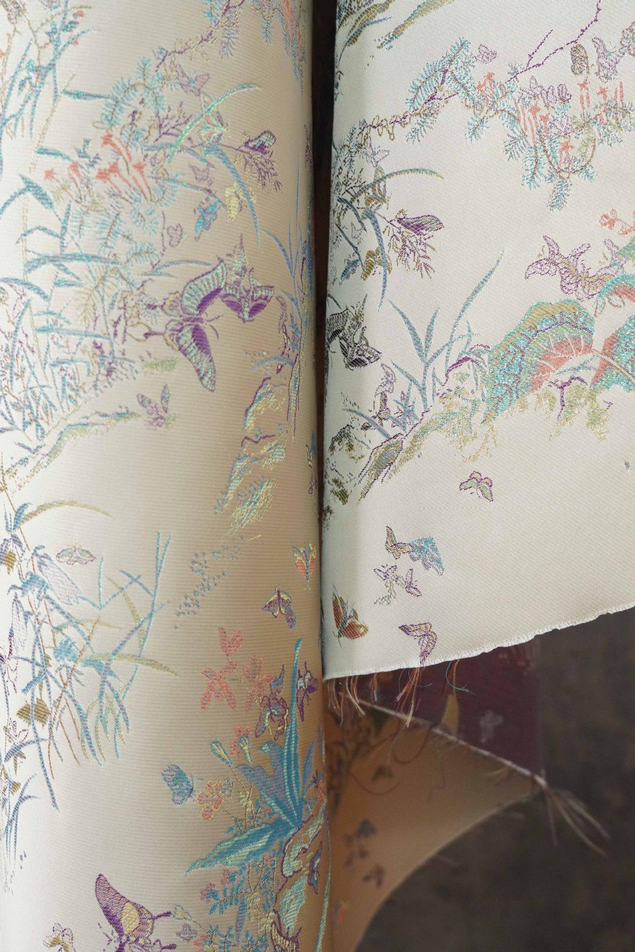 Light Apricot Butterfly Botanical Song Brocade Fabric, Chinese Jacquard Textile for Qipao, Hanfu, Dresses, Bags and Sewing