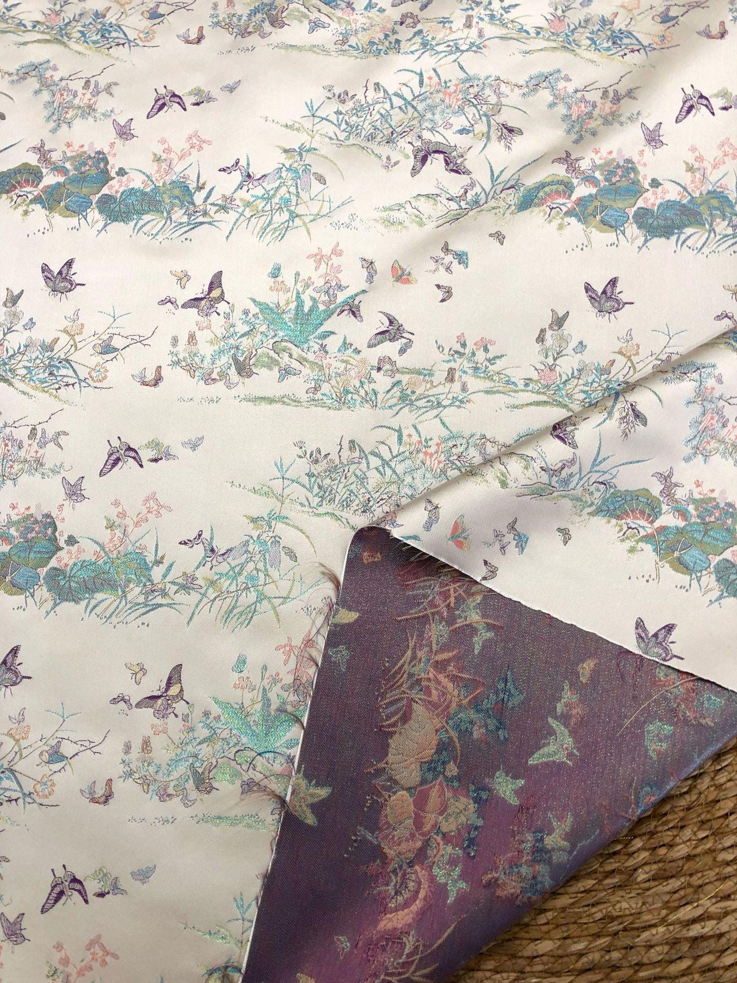 Light Apricot Butterfly Botanical Song Brocade Fabric, Chinese Jacquard Textile for Qipao, Hanfu, Dresses, Bags and Sewing