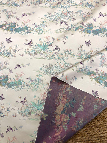 Light Apricot Butterfly Botanical Song Brocade Fabric, Chinese Jacquard Textile for Qipao, Hanfu, Dresses, Bags and Sewing