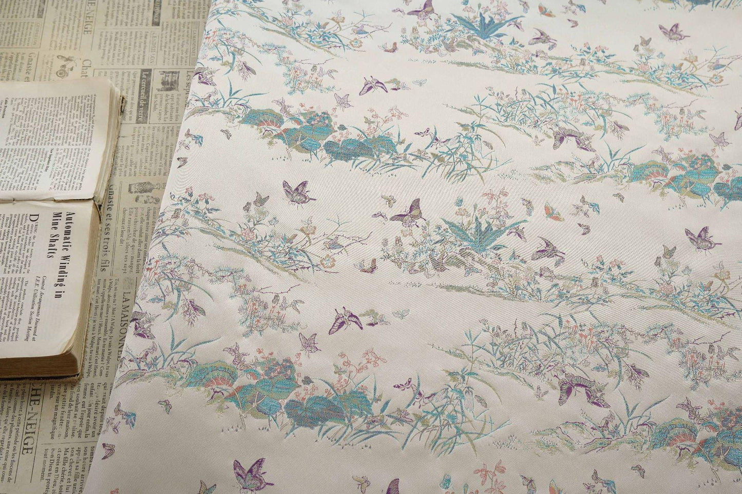 Light Apricot Butterfly Botanical Song Brocade Fabric, Chinese Jacquard Textile for Qipao, Hanfu, Dresses, Bags and Sewing