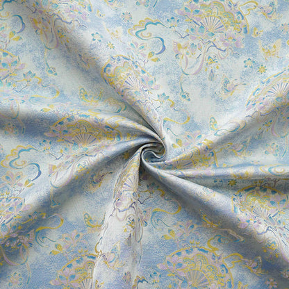 Light Blue Magnolia Butterfly Song Brocade Fabric, Gold Thread Jacquard with Fan Motif for Qipao, Hanfu, Dresses, Bags and Sewing