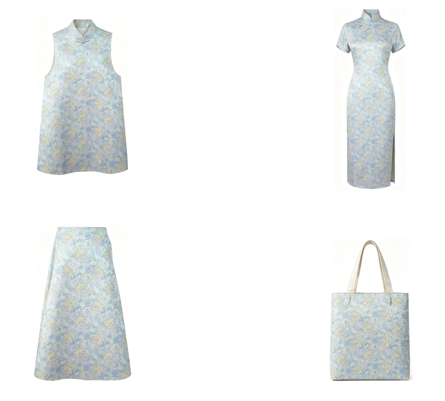 Light Blue Magnolia Butterfly Song Brocade Fabric, Gold Thread Jacquard with Fan Motif for Qipao, Hanfu, Dresses, Bags and Sewing