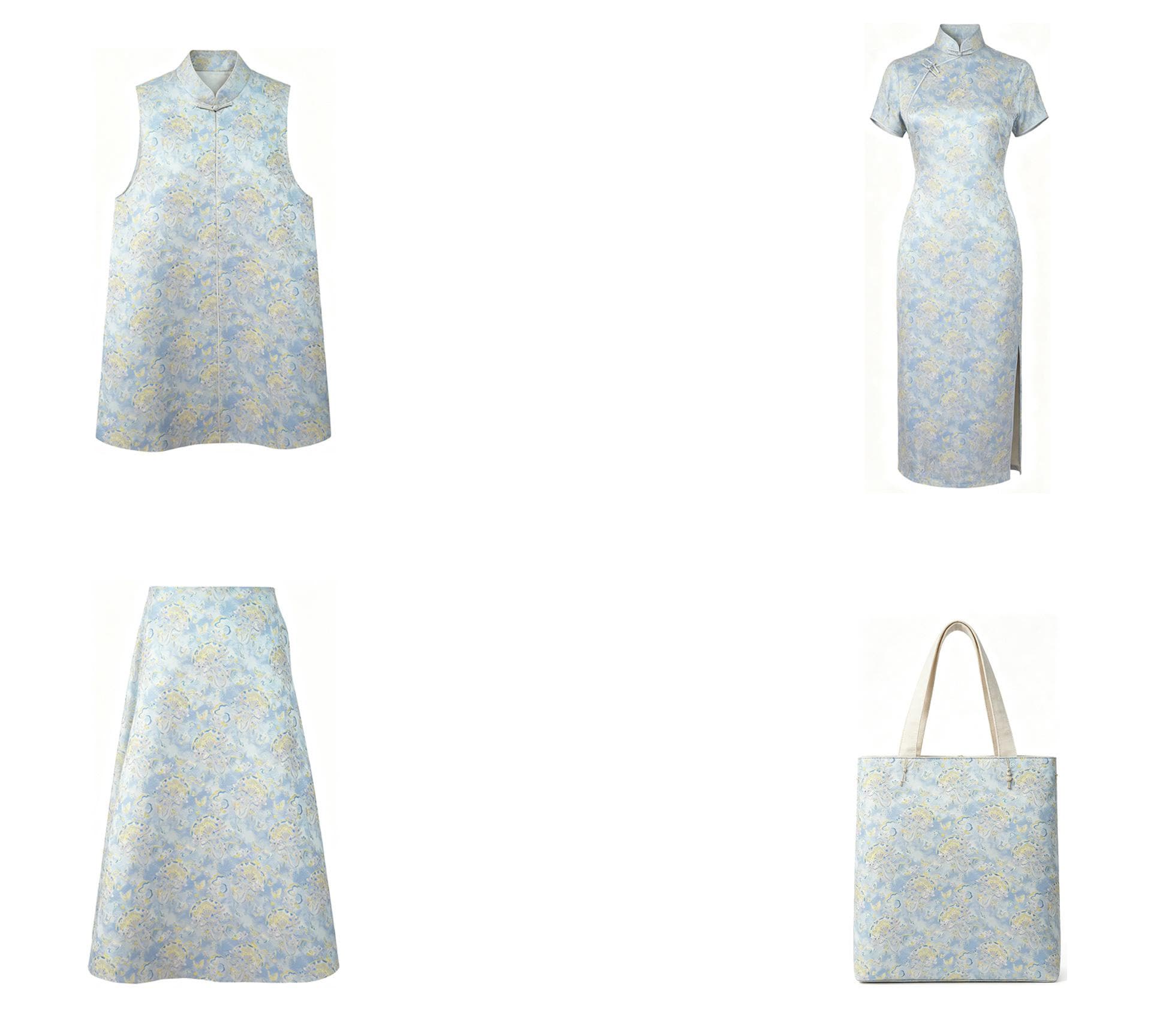 Light Blue Magnolia Butterfly Song Brocade Fabric, Gold Thread Jacquard with Fan Motif for Qipao, Hanfu, Dresses, Bags and Sewing