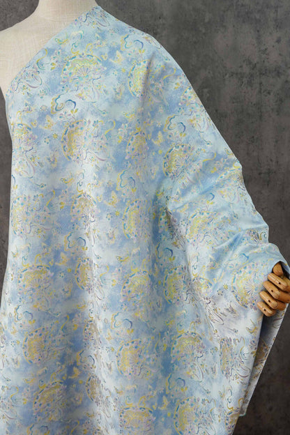 Light Blue Magnolia Butterfly Song Brocade Fabric, Gold Thread Jacquard with Fan Motif for Qipao, Hanfu, Dresses, Bags and Sewing