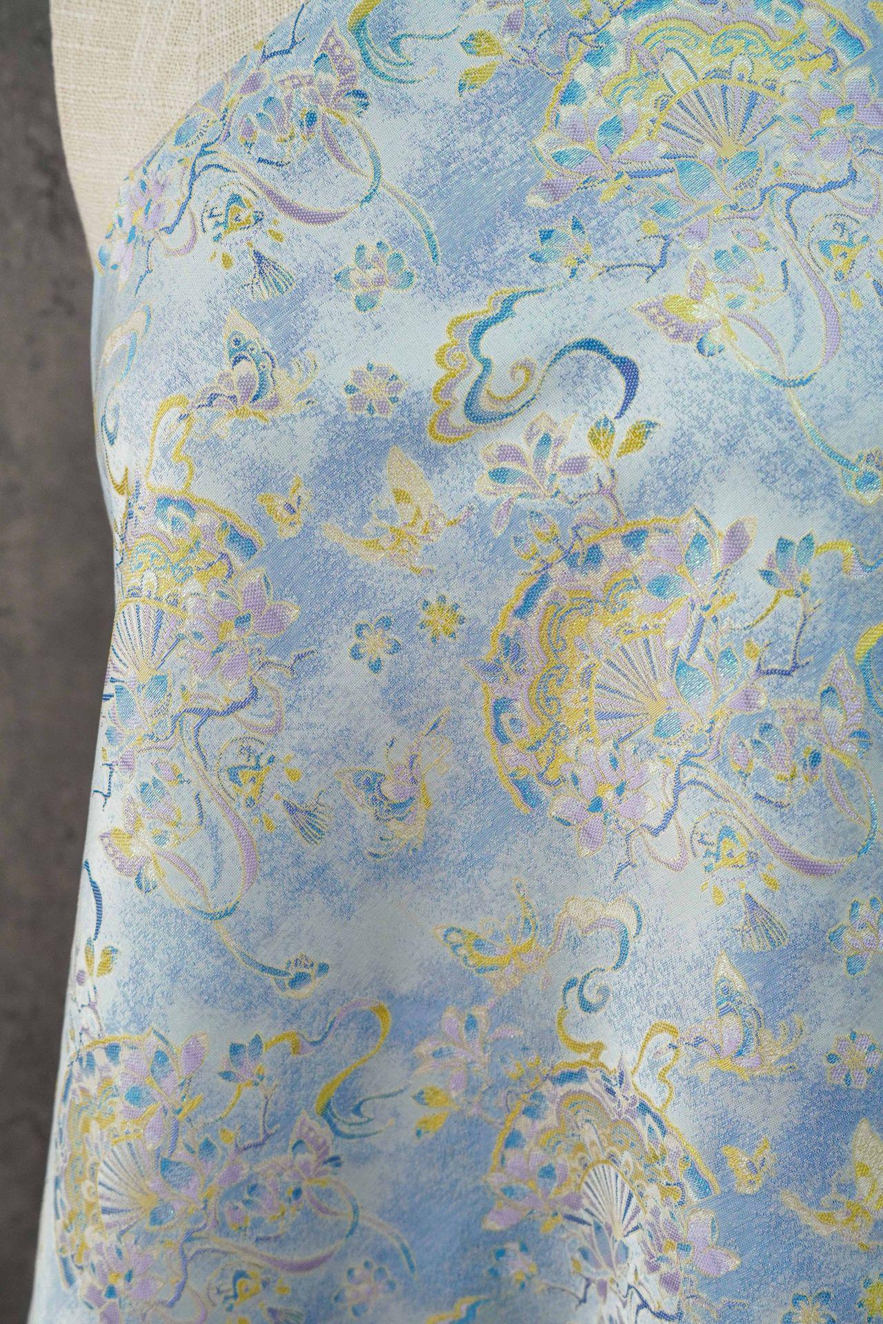 Light Blue Magnolia Butterfly Song Brocade Fabric, Gold Thread Jacquard with Fan Motif for Qipao, Hanfu, Dresses, Bags and Sewing