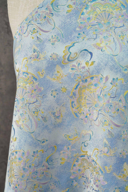 Light Blue Magnolia Butterfly Song Brocade Fabric, Gold Thread Jacquard with Fan Motif for Qipao, Hanfu, Dresses, Bags and Sewing