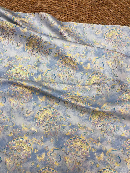 Light Blue Magnolia Butterfly Song Brocade Fabric, Gold Thread Jacquard with Fan Motif for Qipao, Hanfu, Dresses, Bags and Sewing