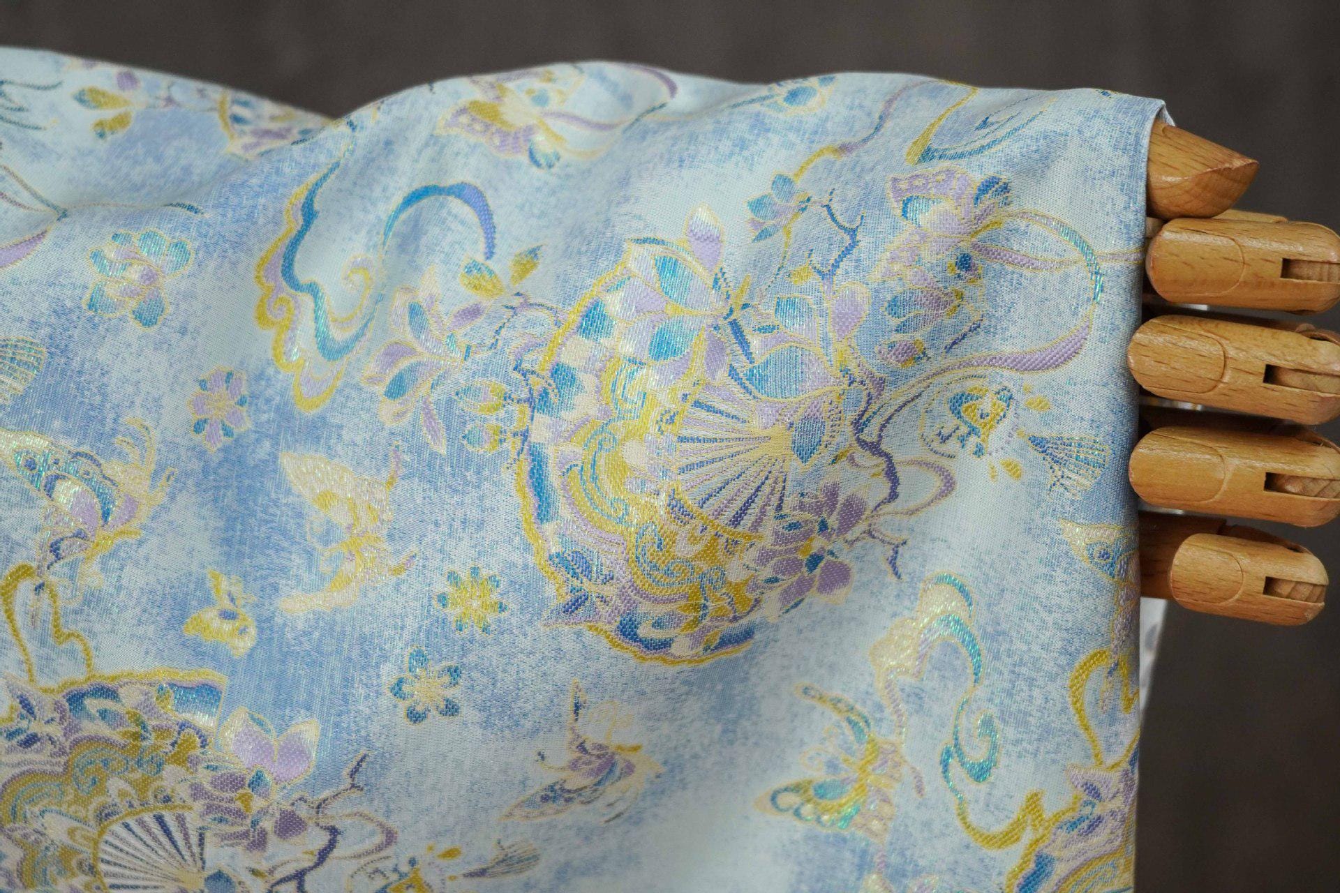 Light Blue Magnolia Butterfly Song Brocade Fabric, Gold Thread Jacquard with Fan Motif for Qipao, Hanfu, Dresses, Bags and Sewing