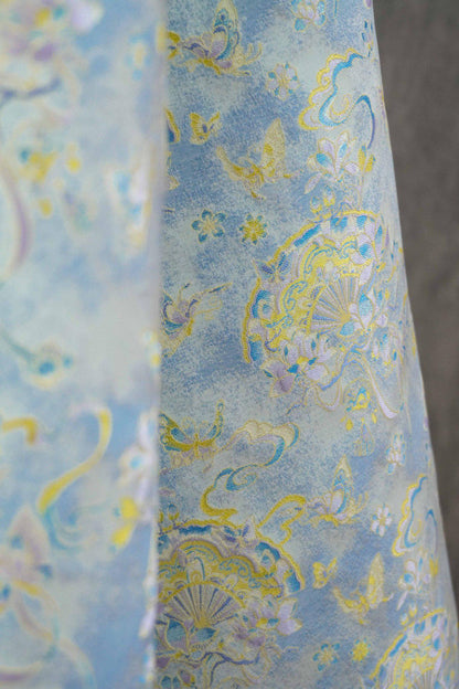Light Blue Magnolia Butterfly Song Brocade Fabric, Gold Thread Jacquard with Fan Motif for Qipao, Hanfu, Dresses, Bags and Sewing