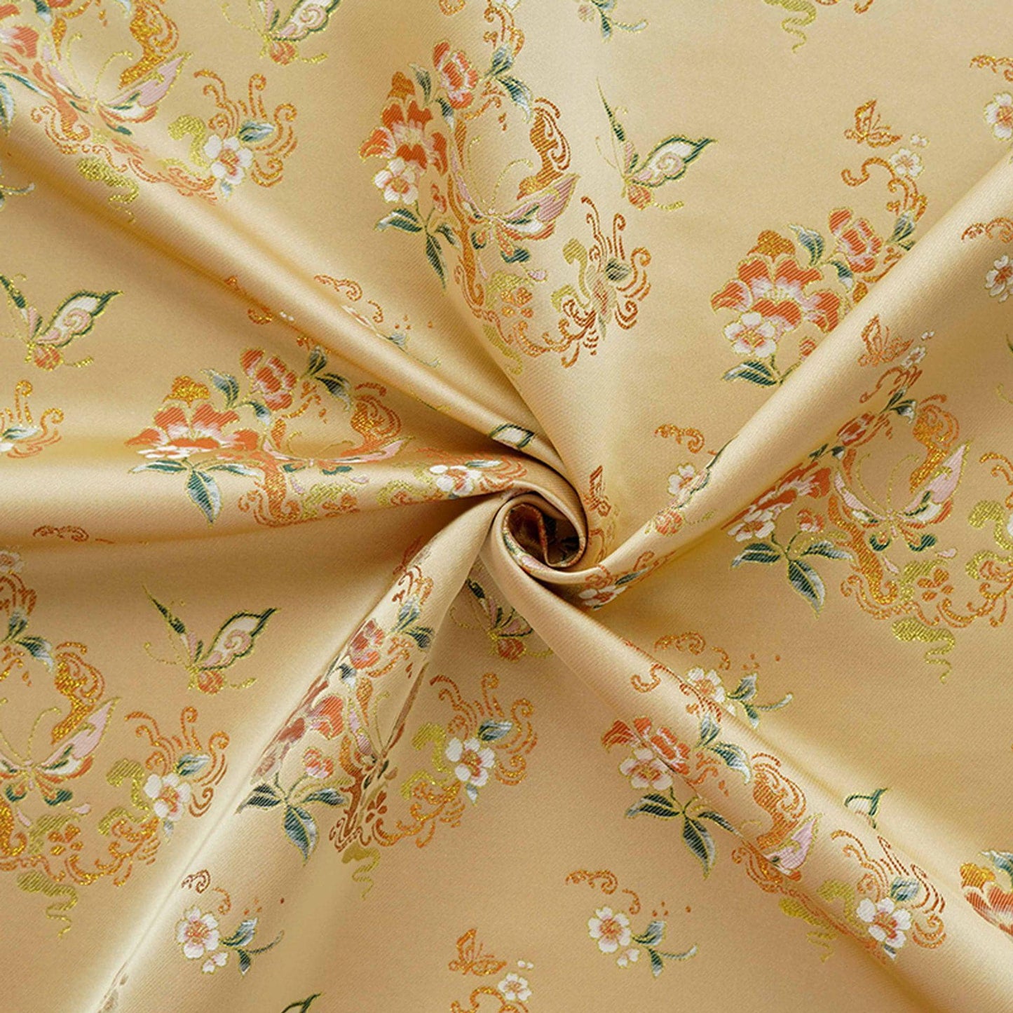 Golden Butterfly Floral Song Brocade Fabric, Gold Thread Jacquard Textile for Qipao, Hanfu, Bags, Decor and Sewing