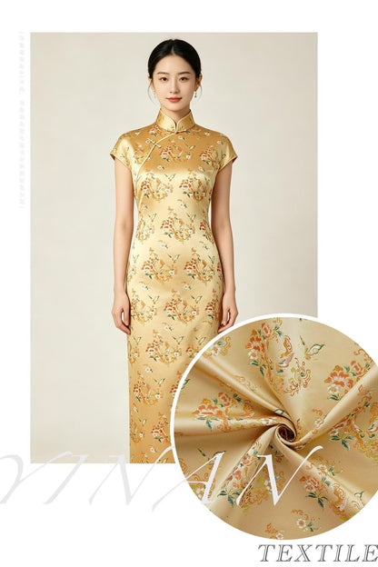 Golden Butterfly Floral Song Brocade Fabric, Gold Thread Jacquard Textile for Qipao, Hanfu, Bags, Decor and Sewing