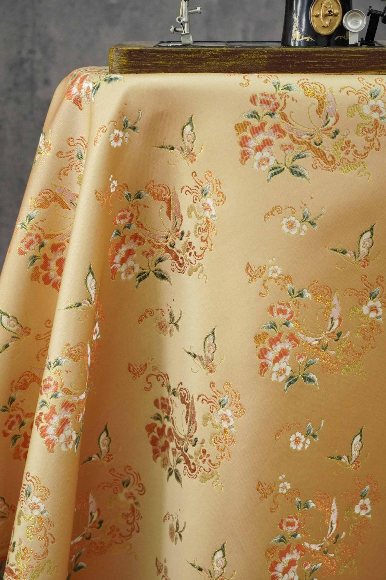 Golden Butterfly Floral Song Brocade Fabric, Gold Thread Jacquard Textile for Qipao, Hanfu, Bags, Decor and Sewing