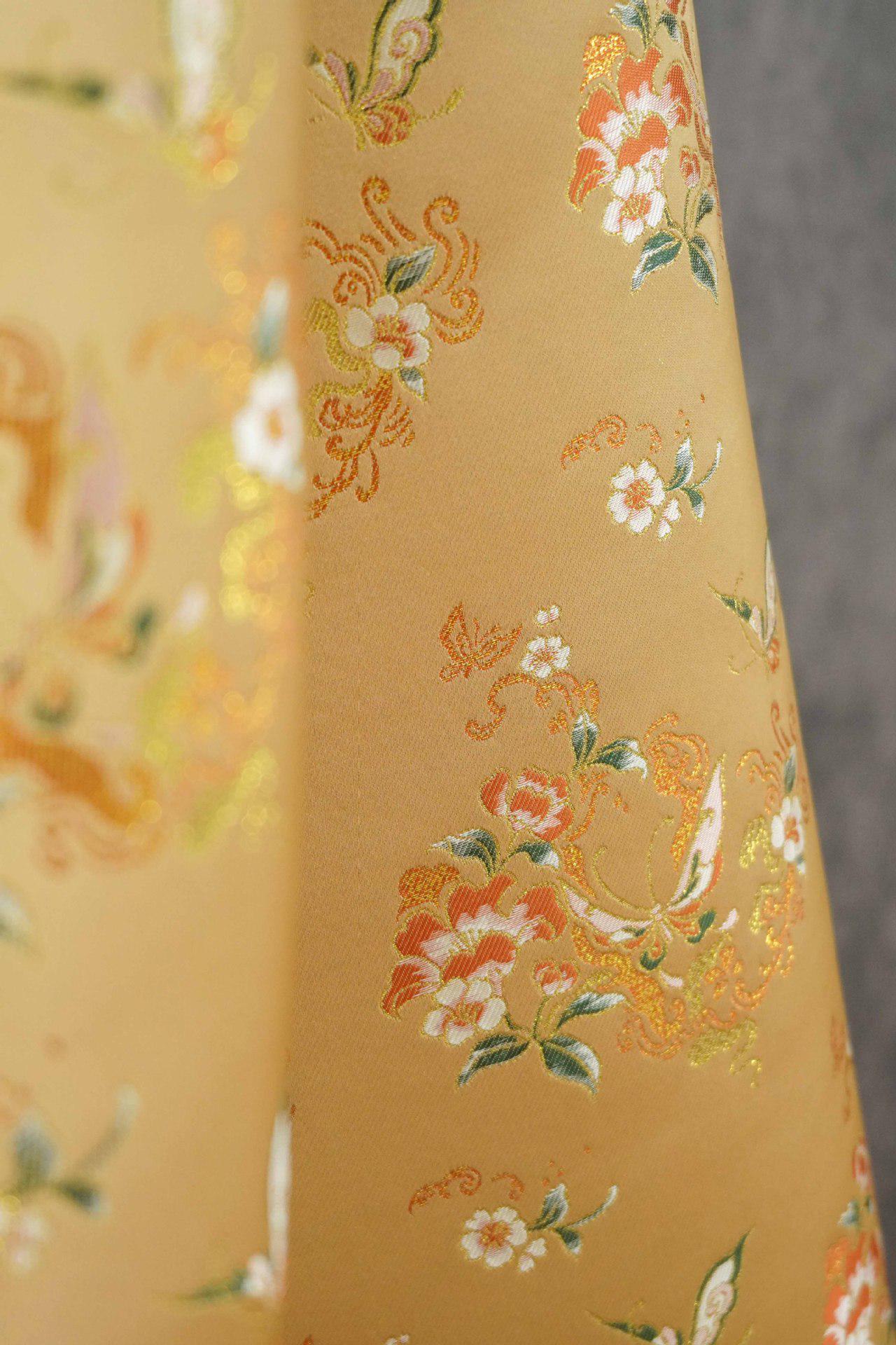 Golden Butterfly Floral Song Brocade Fabric, Gold Thread Jacquard Textile for Qipao, Hanfu, Bags, Decor and Sewing