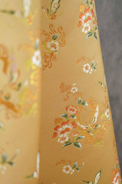 Golden Butterfly Floral Song Brocade Fabric, Gold Thread Jacquard Textile for Qipao, Hanfu, Bags, Decor and Sewing