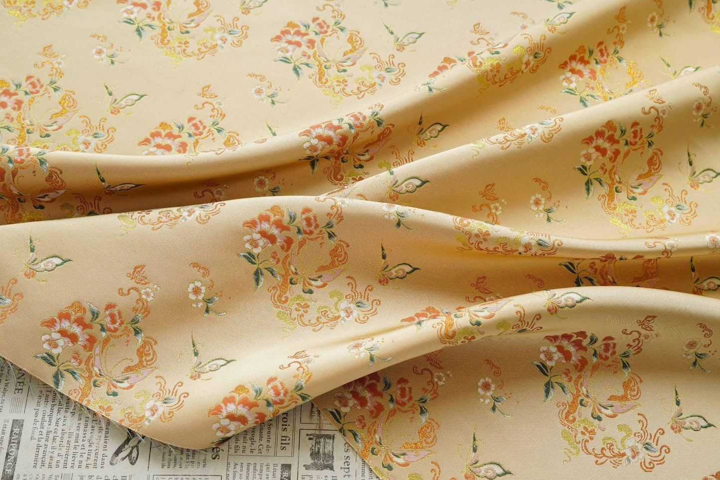 Golden Butterfly Floral Song Brocade Fabric, Gold Thread Jacquard Textile for Qipao, Hanfu, Bags, Decor and Sewing