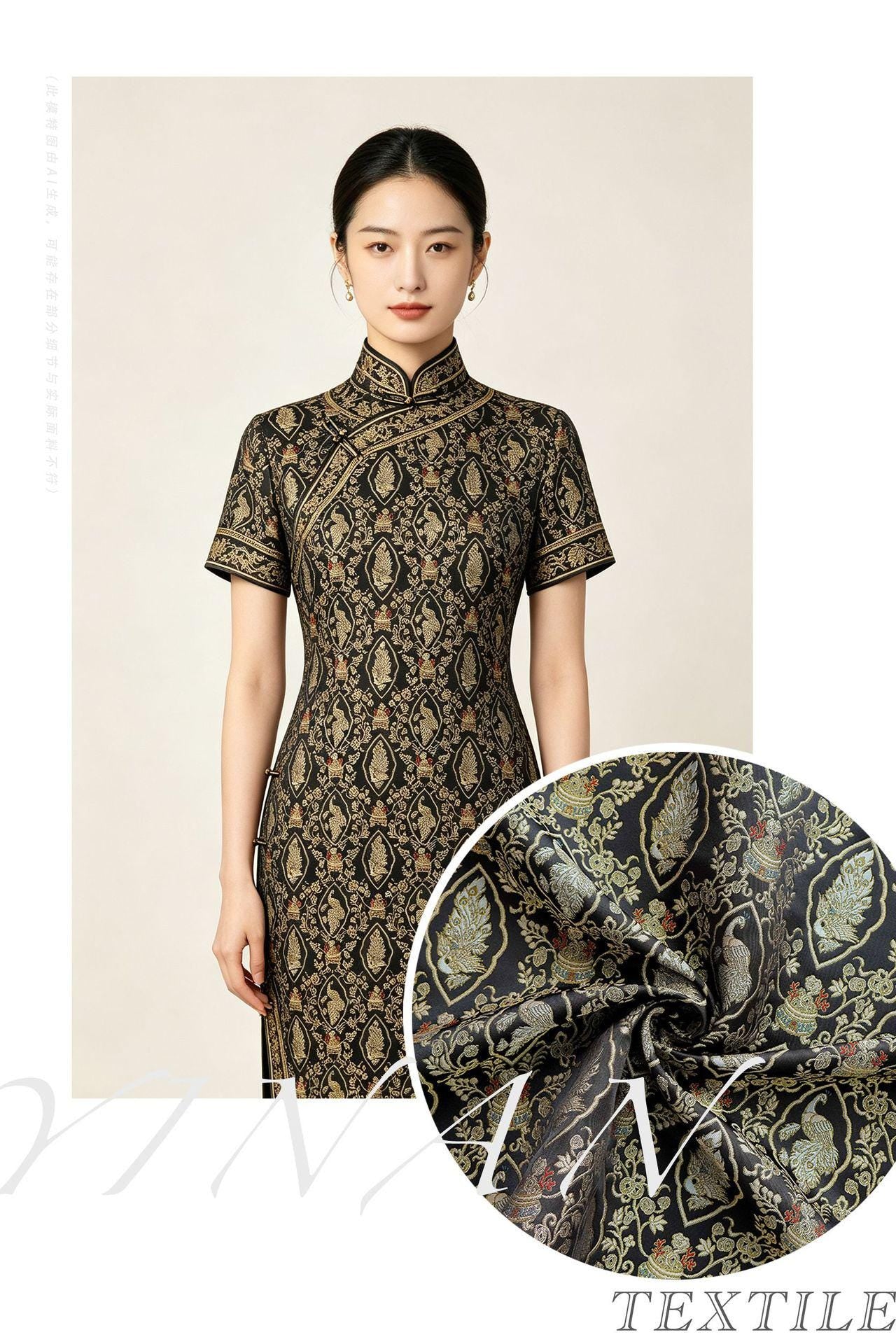 Peacock Floral Gold Thread Jacquard Fabric, Black Brocade Decorative Textile for Qipao, Bags, Cushions, Crafts and Sewing