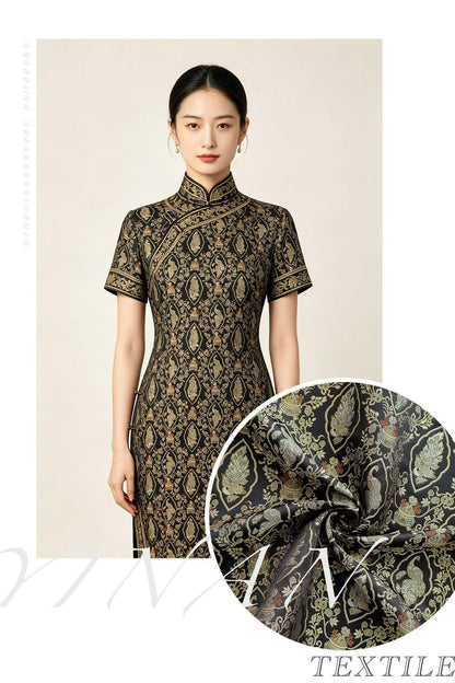 Peacock Floral Gold Thread Jacquard Fabric, Black Brocade Decorative Textile for Qipao, Bags, Cushions, Crafts and Sewing