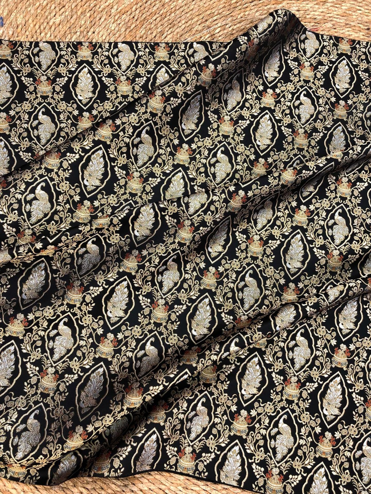 Peacock Floral Gold Thread Jacquard Fabric, Black Brocade Decorative Textile for Qipao, Bags, Cushions, Crafts and Sewing