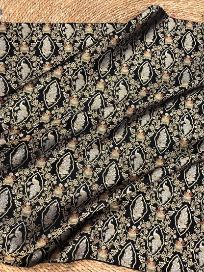 Peacock Floral Gold Thread Jacquard Fabric, Black Brocade Decorative Textile for Qipao, Bags, Cushions, Crafts and Sewing