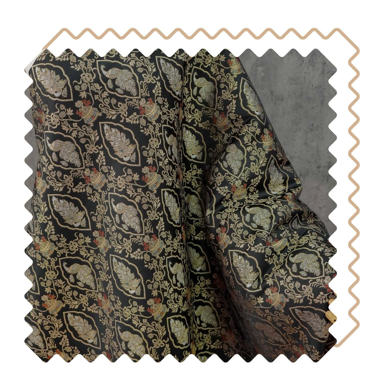 Peacock Floral Gold Thread Jacquard Fabric, Black Brocade Decorative Textile for Qipao, Bags, Cushions, Crafts and Sewing