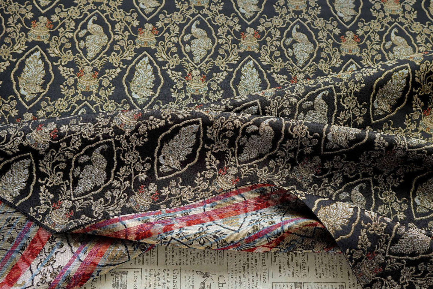 Peacock Floral Gold Thread Jacquard Fabric, Black Brocade Decorative Textile for Qipao, Bags, Cushions, Crafts and Sewing