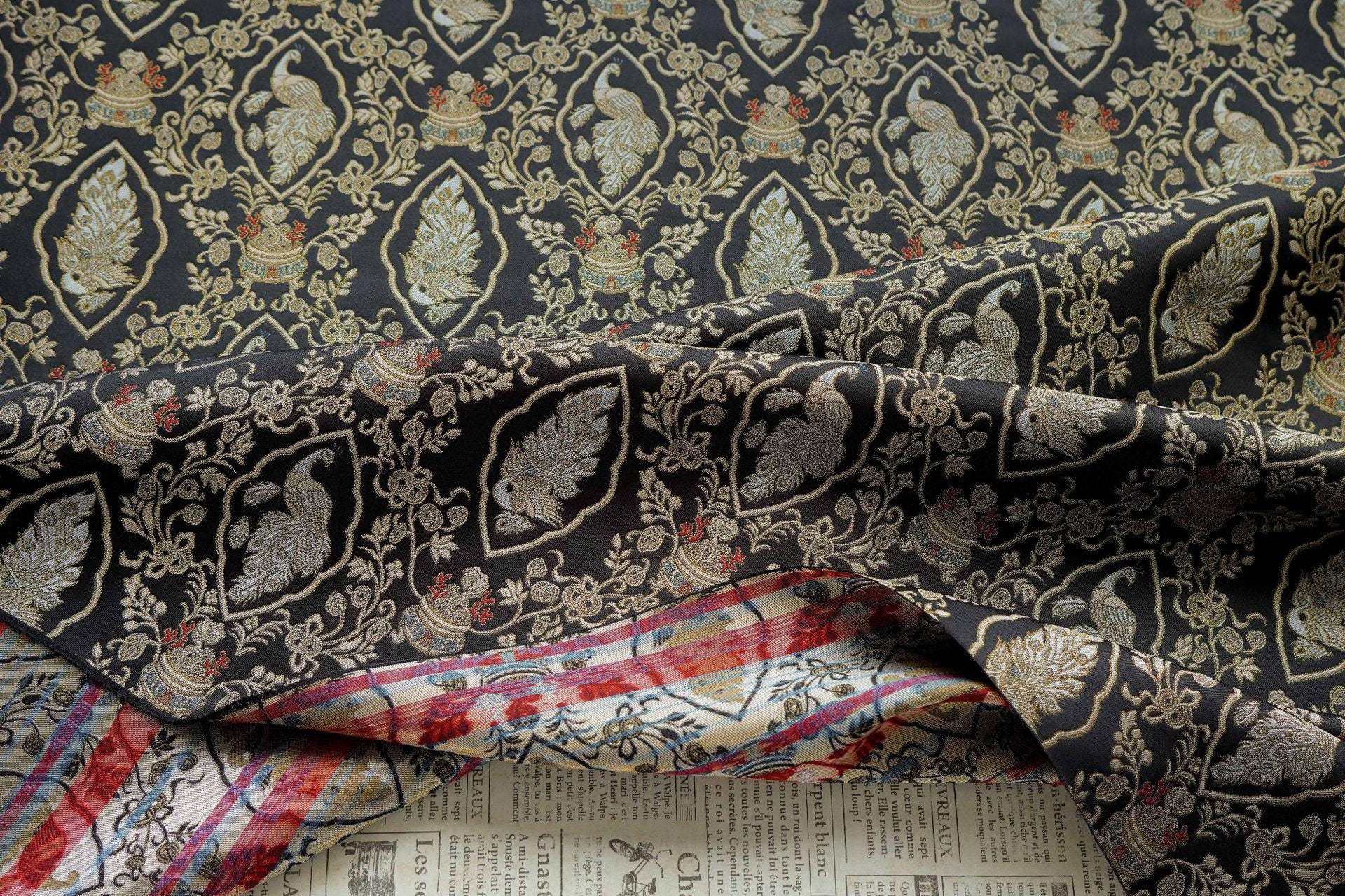 Peacock Floral Gold Thread Jacquard Fabric, Black Brocade Decorative Textile for Qipao, Bags, Cushions, Crafts and Sewing