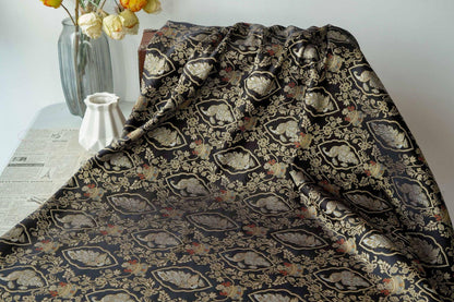 Peacock Floral Gold Thread Jacquard Fabric, Black Brocade Decorative Textile for Qipao, Bags, Cushions, Crafts and Sewing