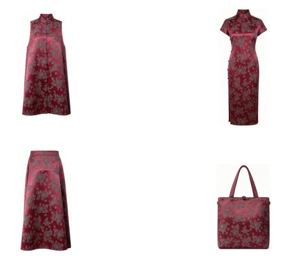 Vintage-Style Burgundy Chrysanthemum Jacquard Fabric, Dark Floral Brocade Textile for Dresses, Bags, Cushions and Home Decor