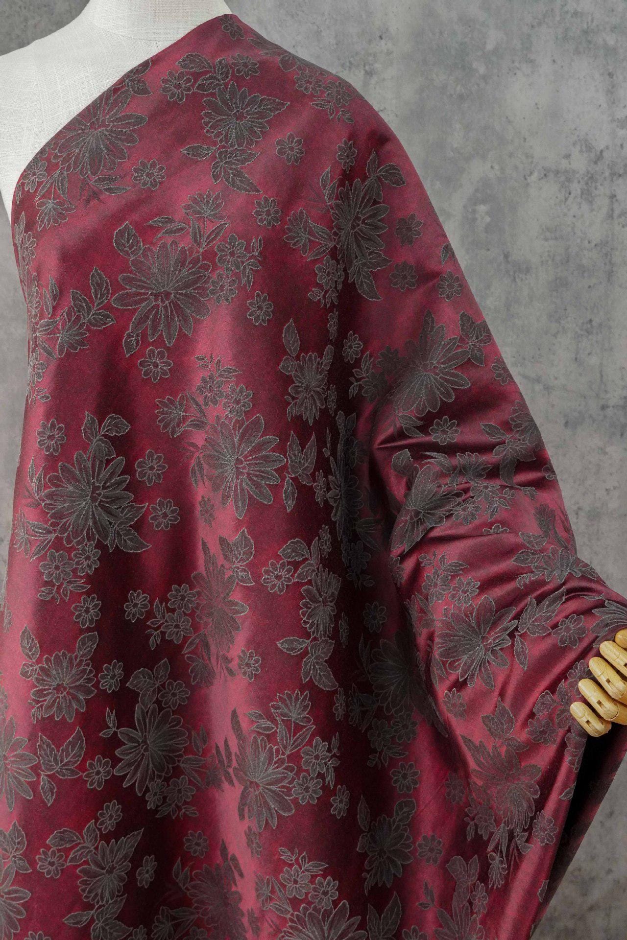 Vintage-Style Burgundy Chrysanthemum Jacquard Fabric, Dark Floral Brocade Textile for Dresses, Bags, Cushions and Home Decor