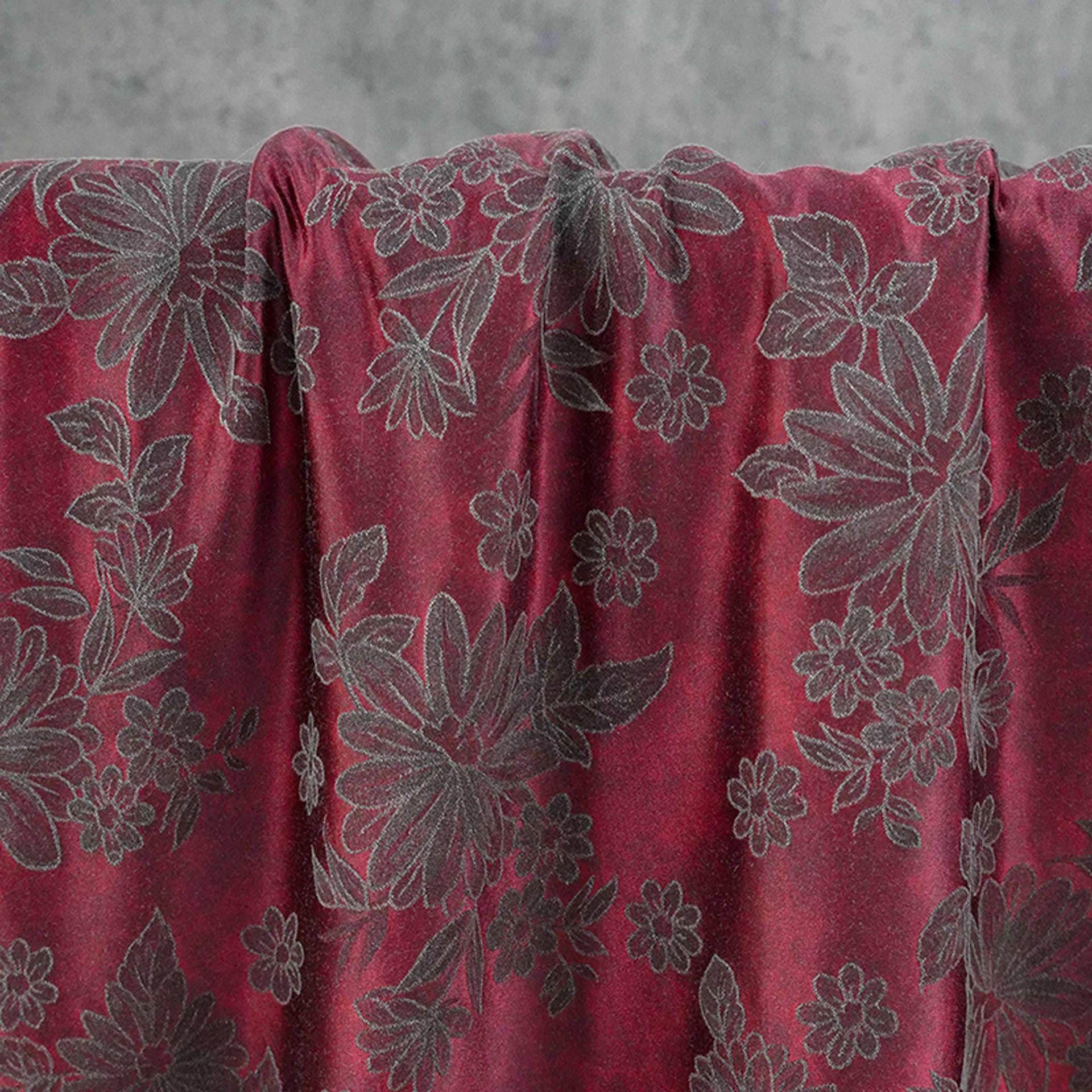 Vintage-Style Burgundy Chrysanthemum Jacquard Fabric, Dark Floral Brocade Textile for Dresses, Bags, Cushions and Home Decor