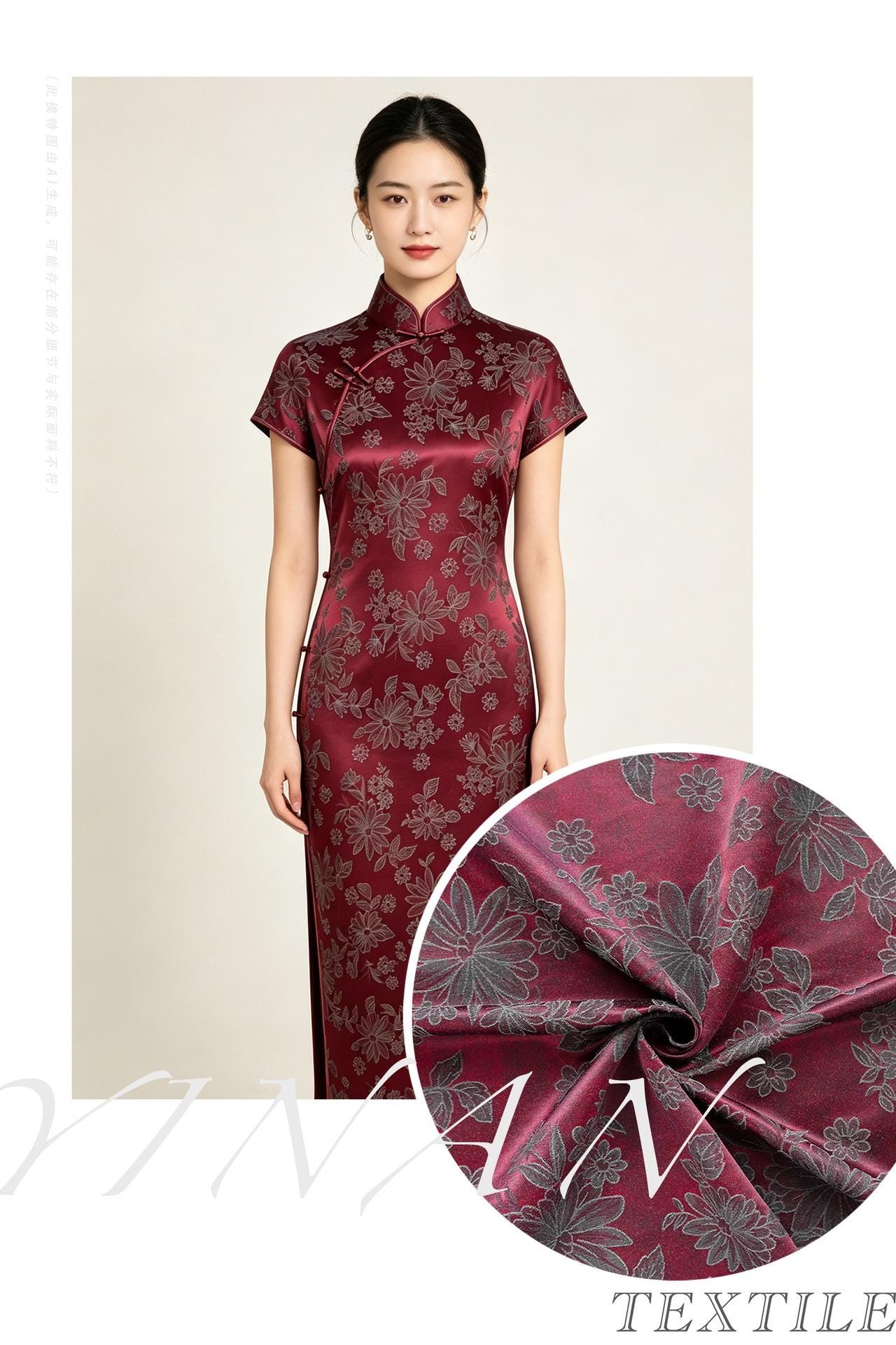 Vintage-Style Burgundy Chrysanthemum Jacquard Fabric, Dark Floral Brocade Textile for Dresses, Bags, Cushions and Home Decor
