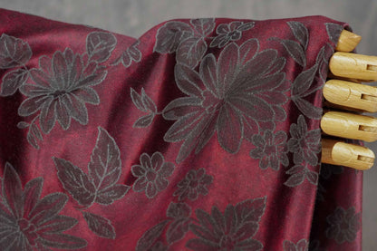 Vintage-Style Burgundy Chrysanthemum Jacquard Fabric, Dark Floral Brocade Textile for Dresses, Bags, Cushions and Home Decor