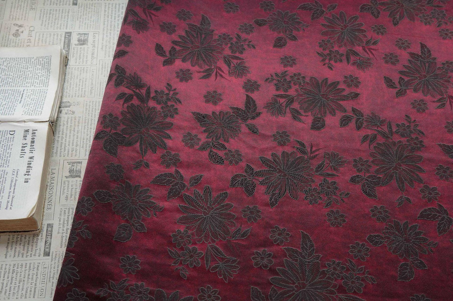 Vintage-Style Burgundy Chrysanthemum Jacquard Fabric, Dark Floral Brocade Textile for Dresses, Bags, Cushions and Home Decor