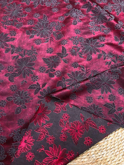 Vintage-Style Burgundy Chrysanthemum Jacquard Fabric, Dark Floral Brocade Textile for Dresses, Bags, Cushions and Home Decor