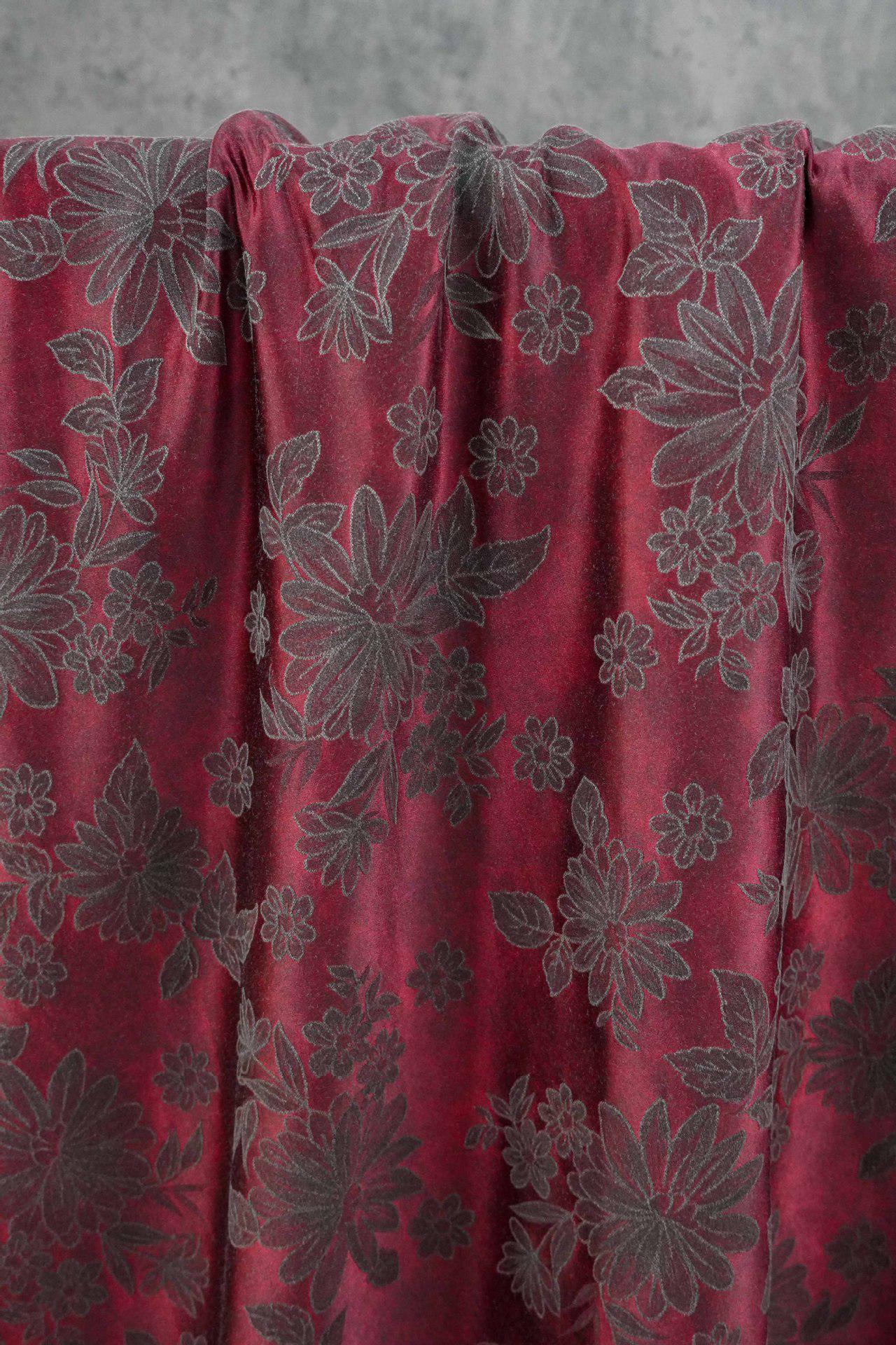Vintage-Style Burgundy Chrysanthemum Jacquard Fabric, Dark Floral Brocade Textile for Dresses, Bags, Cushions and Home Decor