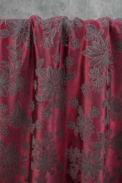 Vintage-Style Burgundy Chrysanthemum Jacquard Fabric, Dark Floral Brocade Textile for Dresses, Bags, Cushions and Home Decor