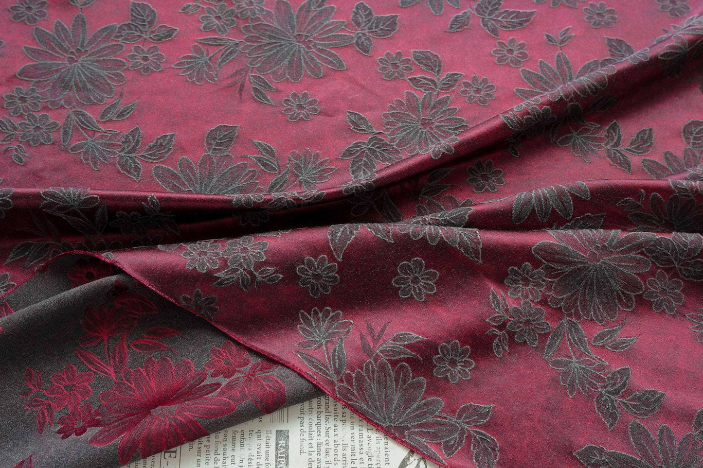 Vintage-Style Burgundy Chrysanthemum Jacquard Fabric, Dark Floral Brocade Textile for Dresses, Bags, Cushions and Home Decor