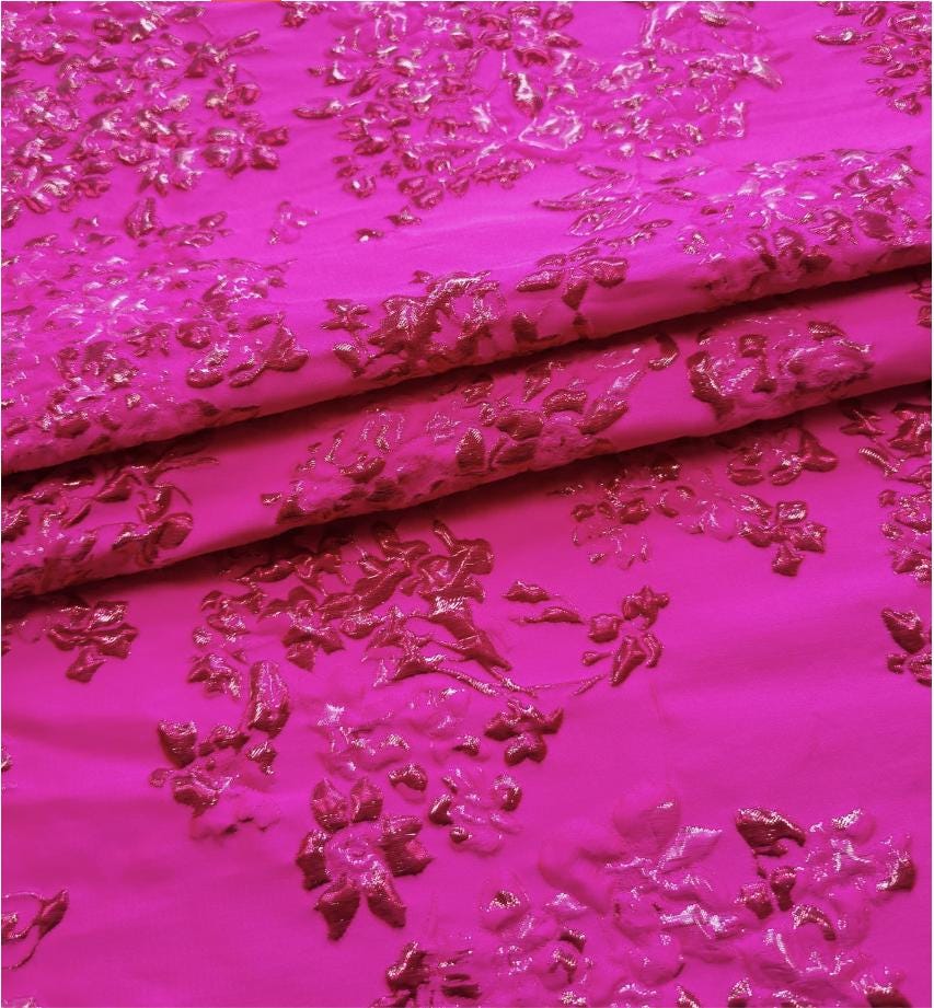 Fuchsia & Burgundy Metallic Floral Jacquard Brocade Fabric, 3D Textured Textile for Gowns, Stagewear, Full Skirts and Sewing