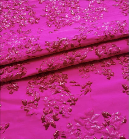 Fuchsia & Burgundy Metallic Floral Jacquard Brocade Fabric, 3D Textured Textile for Gowns, Stagewear, Full Skirts and Sewing