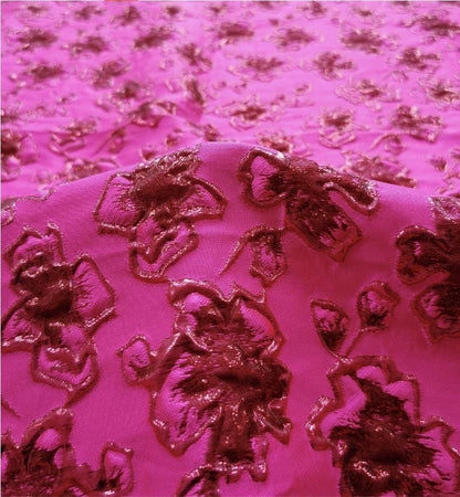 Fuchsia & Burgundy Metallic Floral Jacquard Brocade Fabric, 3D Textured Textile for Gowns, Stagewear, Full Skirts and Sewing
