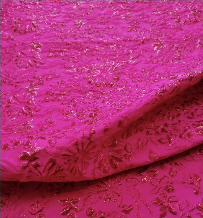 Fuchsia & Burgundy Metallic Floral Jacquard Brocade Fabric, 3D Textured Textile for Gowns, Stagewear, Full Skirts and Sewing