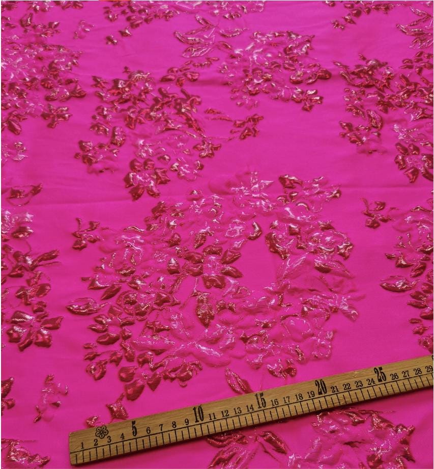 Fuchsia & Burgundy Metallic Floral Jacquard Brocade Fabric, 3D Textured Textile for Gowns, Stagewear, Full Skirts and Sewing