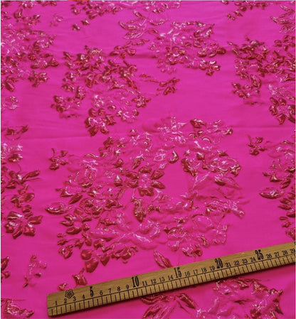 Fuchsia & Burgundy Metallic Floral Jacquard Brocade Fabric, 3D Textured Textile for Gowns, Stagewear, Full Skirts and Sewing