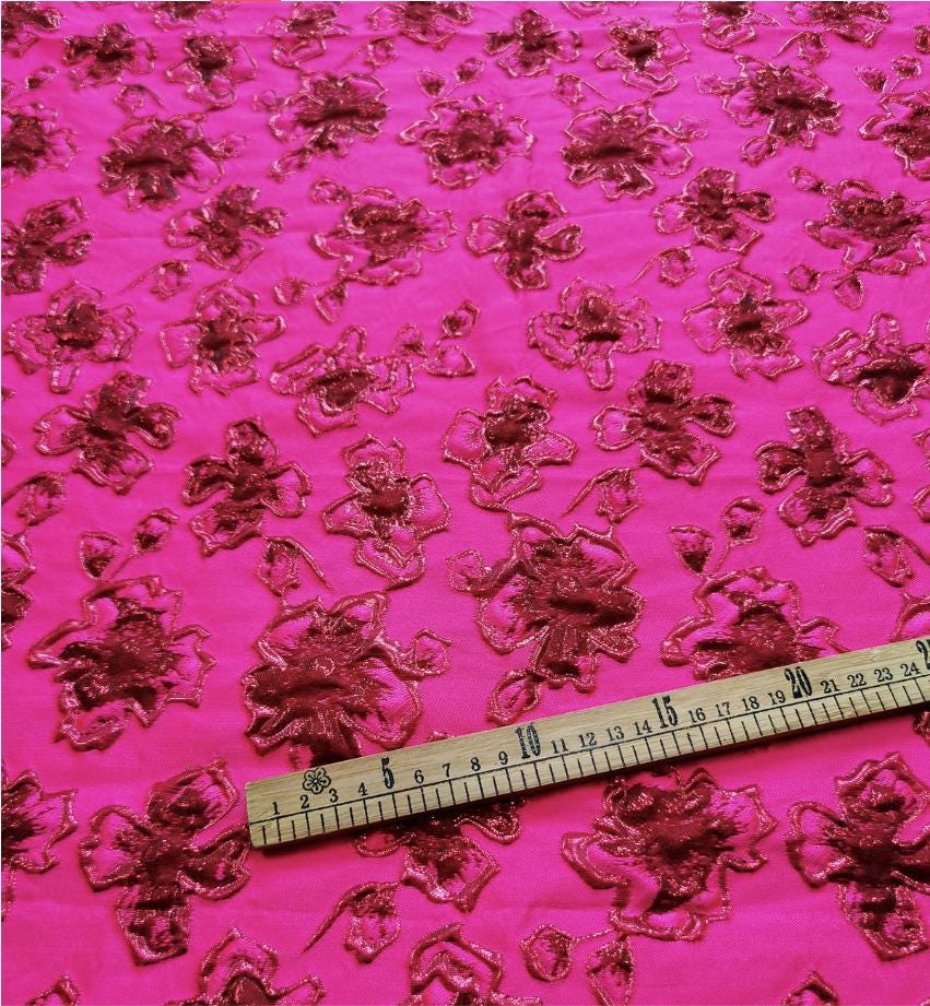Fuchsia & Burgundy Metallic Floral Jacquard Brocade Fabric, 3D Textured Textile for Gowns, Stagewear, Full Skirts and Sewing