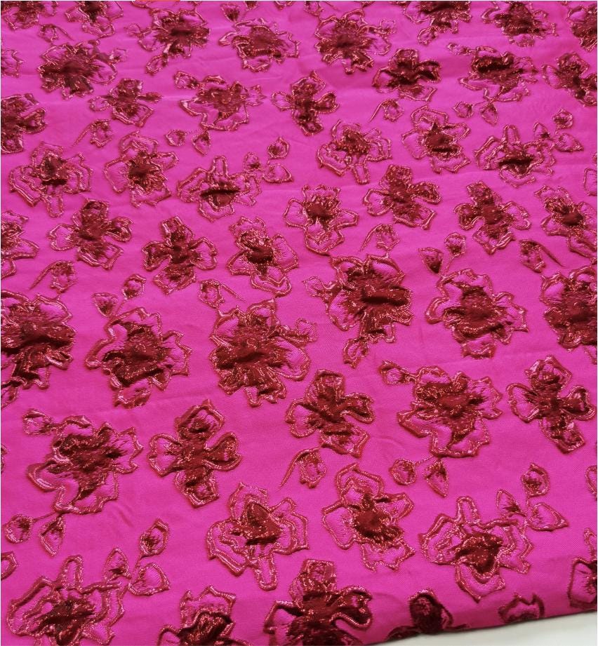Fuchsia & Burgundy Metallic Floral Jacquard Brocade Fabric, 3D Textured Textile for Gowns, Stagewear, Full Skirts and Sewing