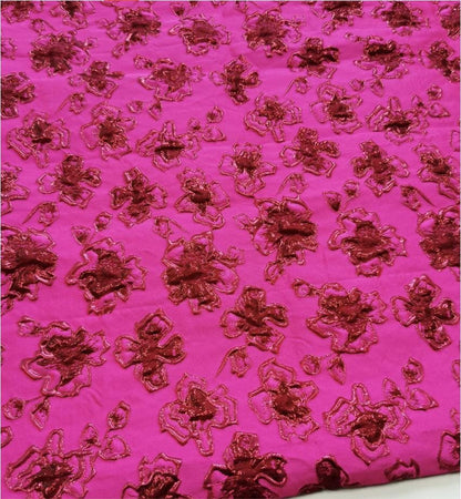Fuchsia & Burgundy Metallic Floral Jacquard Brocade Fabric, 3D Textured Textile for Gowns, Stagewear, Full Skirts and Sewing
