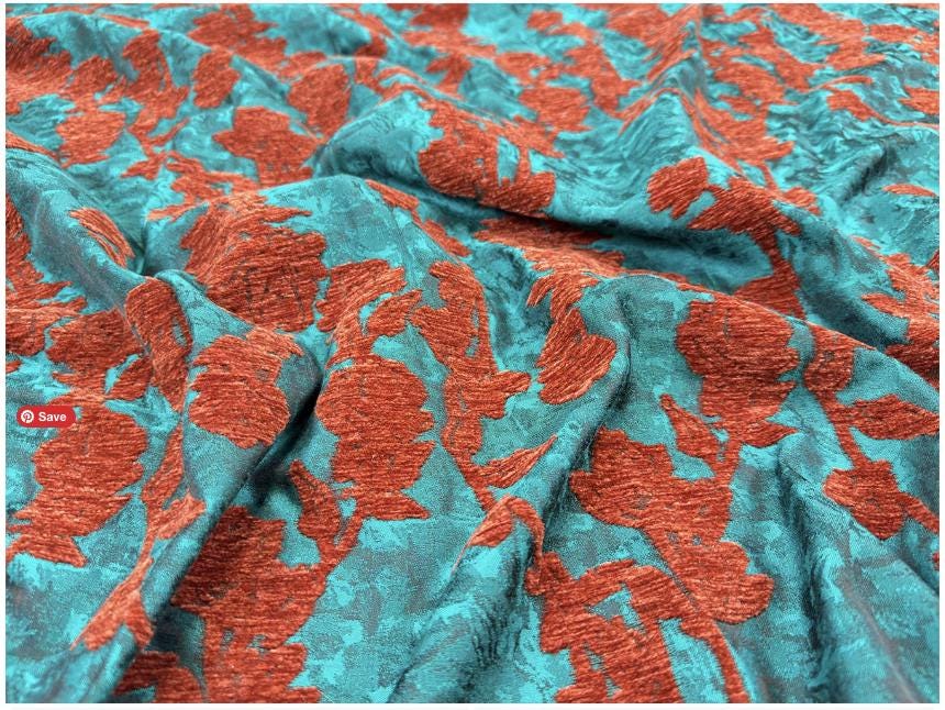 Teal & Rust Rayon Chenille Jacquard Fabric, 3D Flocked Floral Textile for Dresses, Vests, Jackets and Sewing, 56"Wide