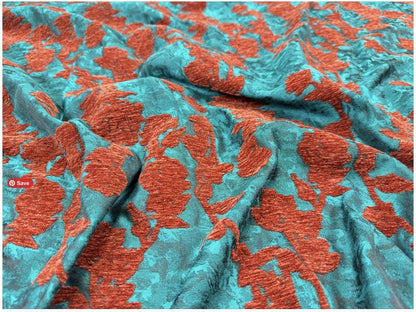 Teal & Rust Rayon Chenille Jacquard Fabric, 3D Flocked Floral Textile for Dresses, Vests, Jackets and Sewing, 56"Wide