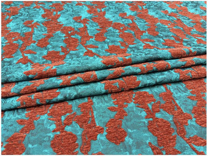 Teal & Rust Rayon Chenille Jacquard Fabric, 3D Flocked Floral Textile for Dresses, Vests, Jackets and Sewing, 56"Wide