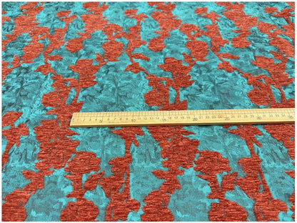 Teal & Rust Rayon Chenille Jacquard Fabric, 3D Flocked Floral Textile for Dresses, Vests, Jackets and Sewing, 56"Wide